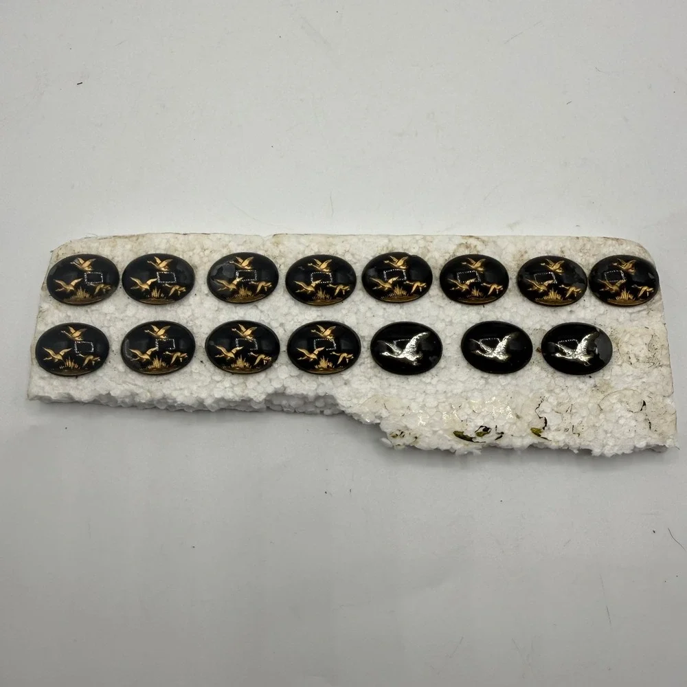Vintage Glass Cabochons 15pc Black Gold Silver‎ Flying Ducks Birds Oval Lot